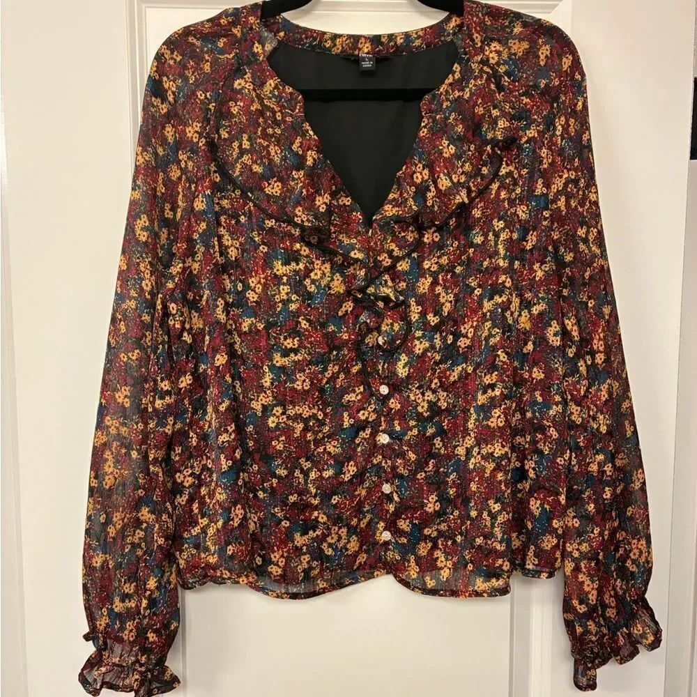 FRYE Floral Long Sleeve Ruffle Collar Blouse Women’s Size Large